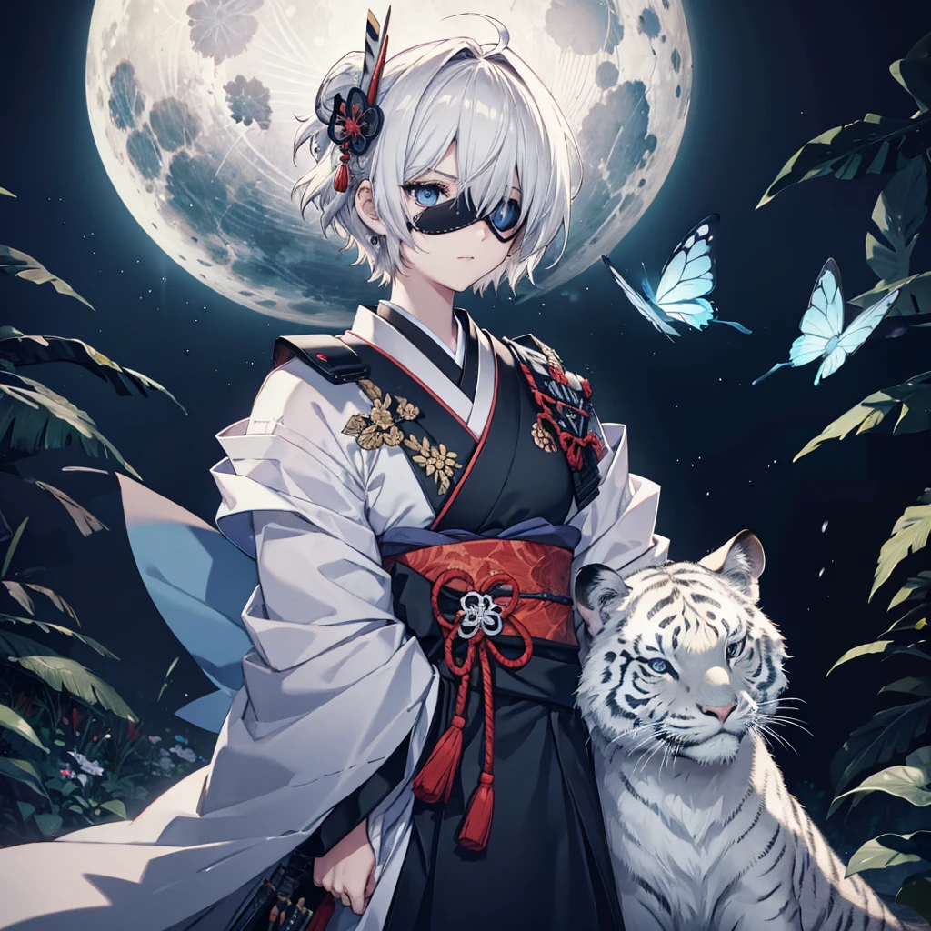 (((1 person))) (((Put on an eye patch))) ((White Tiger)) ((High resolution short hair Gray Hair Black kimono Shoulder knifeを持つ Hold with both hands)) ((Black Band samurai Lonely despair blue eyes Close-up)) ((Blue Butterfly night Japanese style old Shining Aura garden water surface full moon Catch the wind)) (日本knife knife) moonlight star Draw your sword Shining Background Shining Edge