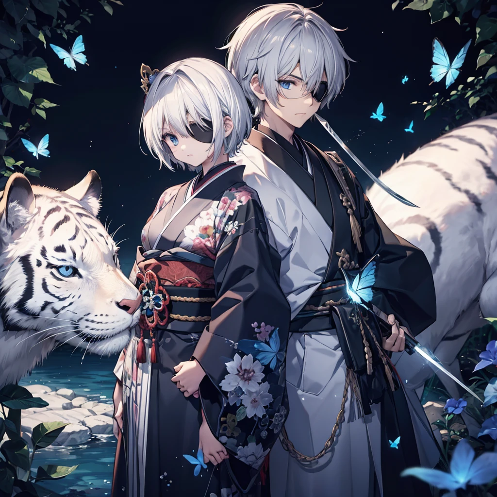 (((1 person)))　(((Put on an eye patch)))　((White Tiger))　((High resolution　short hair　Gray Hair　Black kimono　Shoulder　knifeを持つ　Hold with both hands))　((Black Band　samurai　Lonely　despair　blue eyes　Close-up))　((Blue Butterfly　night　Japanese style　old　Shining Aura　garden　water surface　full moon　Catch the wind))　(日本knife　knife)　moonlight　star　Draw your sword　Shining Background　Shining Edge