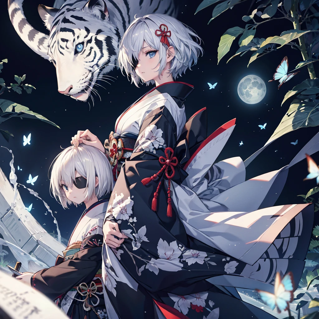(((1 person))) (((Put on an eye patch))) ((White Tiger)) ((High resolution short hair Gray Hair Black kimono Shoulder knifeを持つ Hold with both hands)) ((Black Band samurai Lonely despair blue eyes Close-up)) ((Blue Butterfly night Japanese style old Shining Aura garden water surface full moon Catch the wind)) (日本knife knife) moonlight star Draw your sword Shining Background Shining Edge