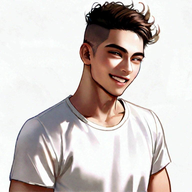 (Photo: 1.3) of (realism: 1.3), (Hispano), Perfil ofl hombre latino, 18 years, (frontal of cerca), Luz outfit, clear face, happy, happy, warm light, White T-shirt, (off-white background), (blank background), ((Fondo of pared gris)) avatar, (short hair), SMILE, elegant, YOUNG,, short hair, SMILE, (of cuerpo completo)