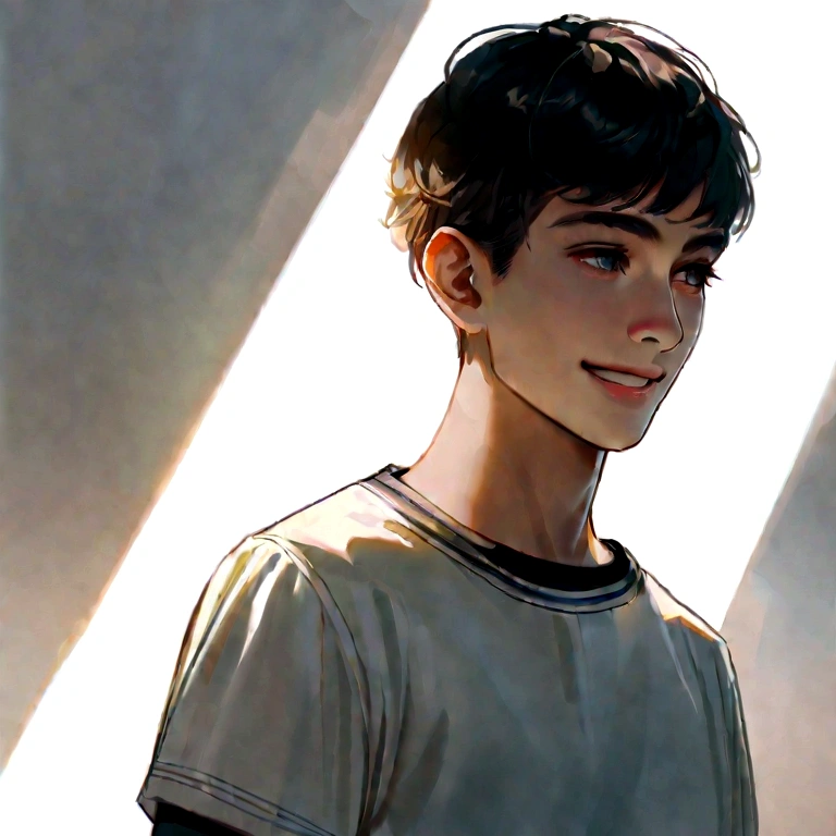(Photo: 1.3) of (realism: 1.3), (Hispano), Perfil ofl hombre latino, 18 years, (frontal of cerca), Luz outfit, clear face, happy, happy, warm light, White T-shirt, (off-white background), (blank background), ((Fondo of pared gris)) avatar, (short hair), SMILE, elegant, YOUNG,, short hair, SMILE, (of cuerpo completo)