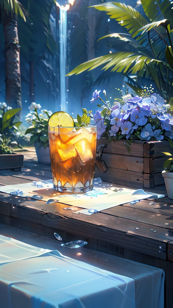 Glass of ice and kvass, water drops on glass, Translucent liquid, Ice cubes, Wildflower garland on picnic tablecloth, bright sun, Outdoor lighting at noon, open air, natural background, Summer day, Hot weather, high detailed, Very humid humidity, High brightness, wet watermarks, overdetailed, super detailed superdetaileding, surrealism, soft light, studio lighting, diffuse soft light, shallow depth of field, sharp focus, Bokeh effect, highly detaileded glass reflection, ultra-thin (superAre you okay, ultra-thin) (thin, Are you okay, ultra-detaileded), cinematic, surrealism, armature, highest quality, ultra-High resolution (realistic: 1.4), High resolution, detailed, Raw photo, clear reproduction, Stock Camera, realistic texture, dramatic lighting, unreal engine, Popular at Art Station, big