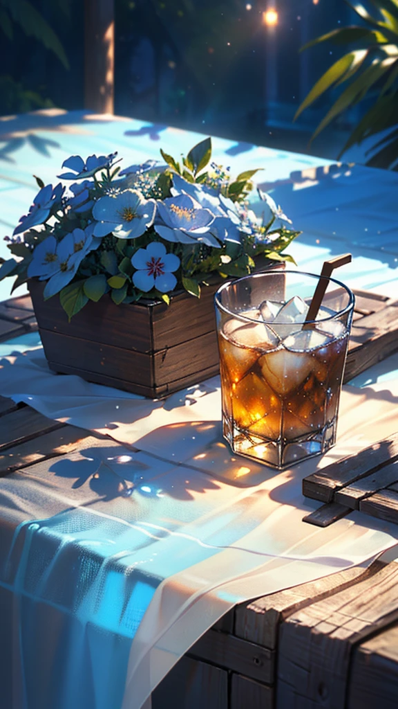 Glass of ice and kvass, water drops on glass, Translucent liquid, Ice cubes, Wildflower garland on picnic tablecloth, bright sun, Outdoor lighting at noon, open air, natural background, Summer day, Hot weather, high detailed, Very humid humidity, High brightness, wet watermarks, overdetailed, super detailed superdetaileding, surrealism, soft light, studio lighting, diffuse soft light, shallow depth of field, sharp focus, Bokeh effect, highly detaileded glass reflection, ultra-thin (superAre you okay, ultra-thin) (thin, Are you okay, ultra-detaileded), cinematic, surrealism, armature, highest quality, ultra-High resolution (realistic: 1.4), High resolution, detailed, Raw photo, clear reproduction, Stock Camera, realistic texture, dramatic lighting, unreal engine, Popular at Art Station, big
