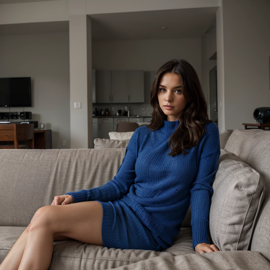 Female supermodel. Royal blue sweater. Sits on gray sofa. Living room. Dim, soft lighting.