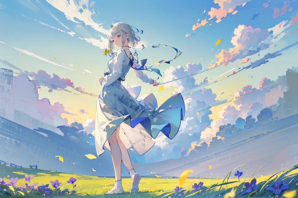 (1 girl) short gray hair, Kawai face, beautiful blue eyes, (wearing a white dress)  (background, warm flower garden field, green grass, Beautiful yellow white flowers diverse, grass looks soft)  ((short gray hair should be blown to the right side, blown by a gentle breeze, bangs should also be blown to the right side, perfect, not messy)) Standing pose both hands holding a sunflower, Body pose slightly facing to the right ) Beautiful perfect flower field garden background (soft warm bright clouds HD) 1:3 masterpiece quality (smooth image according to tag) (Necklace on the head with yellow flowers) head turned to the left pose (full body) wearing only socks, (Feet stepping on soft green grass perfect) perfect body perfect pose (The wind blew gently)