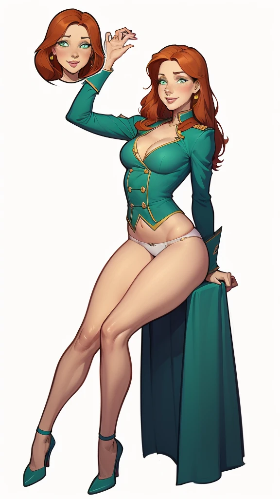 (cartoon style:1.2), Drawings of (Ginevra Molly Weasley), ssmile, perfect green eyes, face detailed, White background, fun pose, seducing gaze,Full body wearing the Sanserina uniform, beautiful medium breasts and wonderful body cartoon style digital illustration. wearing panties