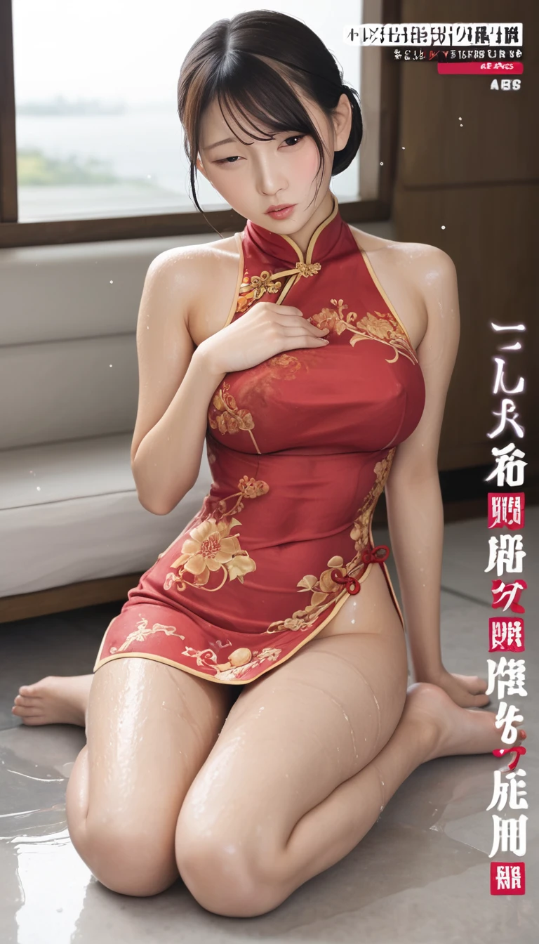 Magazine cover(masterpiece, best quality:1.2),woman,shy(((The eyes are delicate)))Wet body((Red cheongsam)),Wet floor,rain(8K)(HD)
