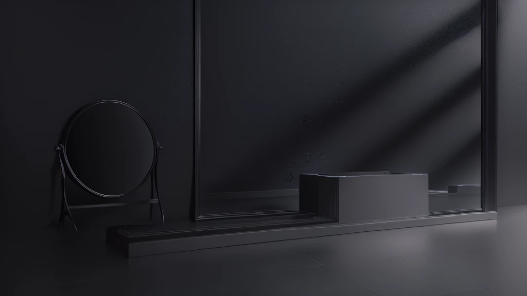 Close-up of a mirror in the room,Black walls, black studio background color, Black atmosphere background, All black matte product, Dark studio background, Dark studio background, Matte Background. Unreal Engine, Smooth surface rendering, Smooth, studio-quality rendering, 3d matte rendering, 3D rendering evenly lit, Clean 3D Rendering, black studio background