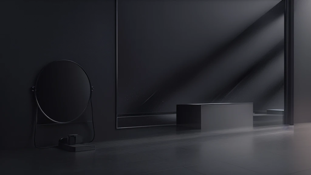 Close-up of a mirror in the room,Black walls, black studio background color, Black atmosphere background, All black matte product, Dark studio background, Dark studio background, Matte Background. Unreal Engine, Smooth surface rendering, Smooth, studio-quality rendering, 3d matte rendering, 3D rendering evenly lit, Clean 3D Rendering, black studio background
