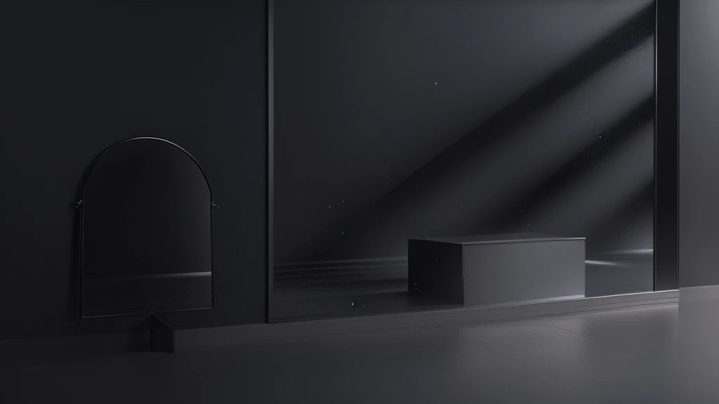 Close-up of a mirror in the room,Black walls, black studio background color, Black atmosphere background, All black matte product, Dark studio background, Dark studio background, Matte Background. Unreal Engine, Smooth surface rendering, Smooth, studio-quality rendering, 3d matte rendering, 3D rendering evenly lit, Clean 3D Rendering, black studio background
