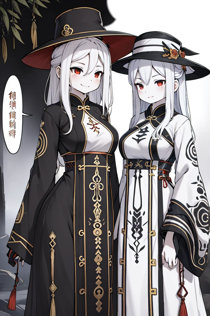 Double girl，Axisymmetric，Two girls，Two girlsAxisymmetricStanding side by side，Axisymmetric布局，Very high hat，Chinese style，The girl in black and the girl in white stand together，Dark style，Prefecture style，The Underworld风格，Close-up above the waist，Black Impermanence White Impermanence，Hanfu，Miao clothing，Chinese Miao style clothing，Hanfu，Spooky style，Picture of the couple，Axisymmetric，yin and yang，Axisymmetric，Upper body close-up，Close-up above the waist，The Underworld，Yin difference，Spooky style，Gloomy tones，Two pale-skinned girls，Standing side by side，Pale-skinned girl，Spooky style，Weird smile