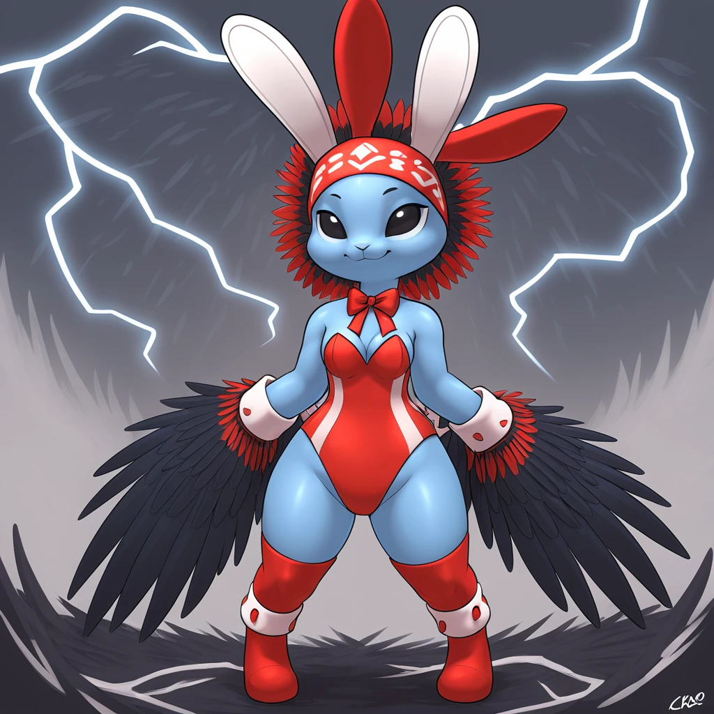 Adversary Male with gray-blue skin and dressed in a tribal-like bunny costume of black and bone-white with a red headdress of flowing black feathers a windstorm of feathers behind