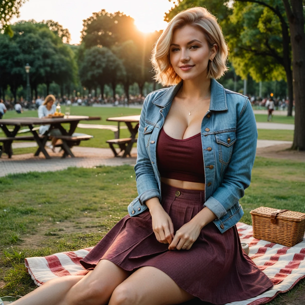 photorealistic, cinematic, raw photo, low angle shot, woman, 29 years old, blond hair, hourglass body shape, big breast ,pixie hairstyle, wearing light blue denim jacket, white T-shirt, dark burgundy linen skirt, sitting on a picnic in a city park  , summer, sunrise, happy, smiling