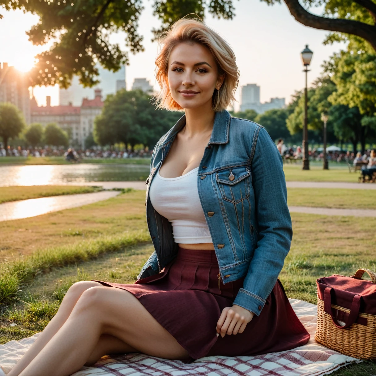 photorealistic, cinematic, raw photo, low angle shot, woman, 29 years old, blond hair, hourglass body shape, big breast ,pixie hairstyle, wearing light blue denim jacket, white T-shirt, dark burgundy linen skirt, sitting on a picnic in a city park  , summer, sunrise, happy, smiling