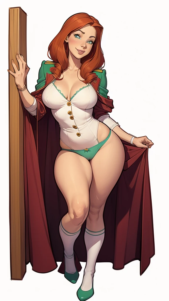 (cartoon style:1.2), Drawings of (Ginevra Molly Weasley), ssmile, perfect green eyes, face detailed, White background, fun pose, seducing gaze,Full body wearing the Sanserina uniform, beautiful medium breasts and wonderful body cartoon style digital illustration. wearing panties