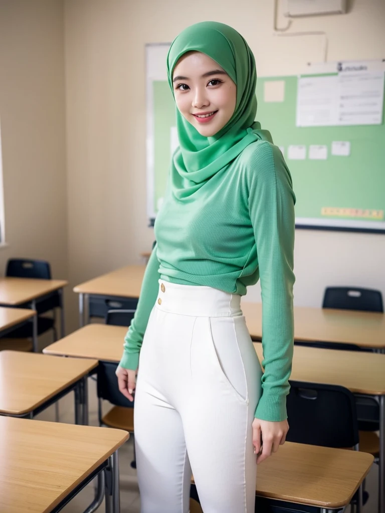 25 years old American teacher, pastel green tight sweater tucked in the legging, high waist legging, green hijab, standing at the classroom, small breast, flat chest, no bra, smiling, greeting the viewers, say hi!.