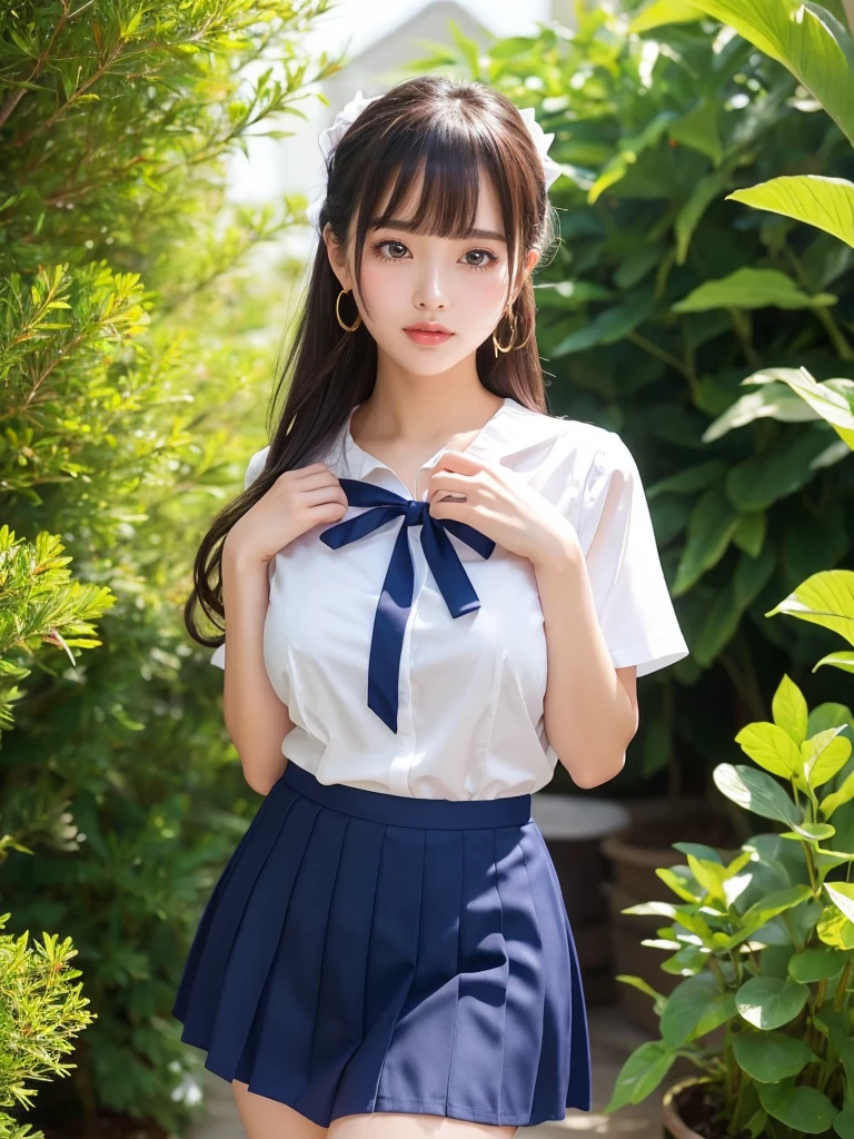 Beautiful woman、cute、Plump body、Big Tits、Earrings、Are standing、Ribbon in hair、High  short-sleeved blouse、Navy blue mini skirt、Panties in full view、Ribbon on chest、garden、(Shiny skin:1.3)、From the thigh up、From below