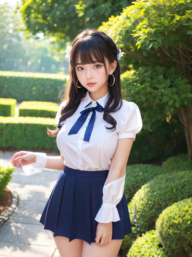 Beautiful woman、cute、Plump body、Big Tits、Earrings、Are standing、Ribbon in hair、High short-sleeved blouse、Navy blue mini skirt、Panties in full view、Ribbon on chest、garden、(Shiny skin:1.3)、From the thigh up、From below