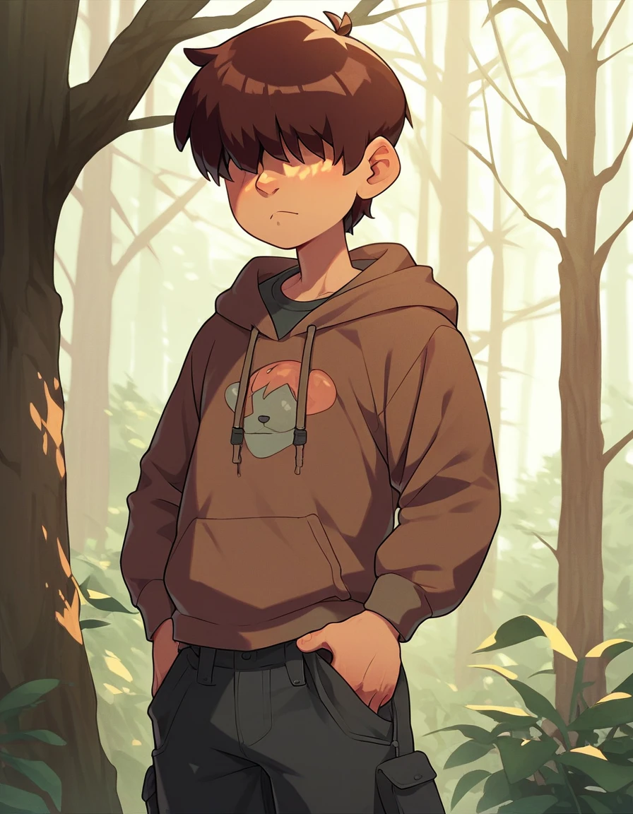 Young man with a serious look, brown hoodie, black cargo pants, long sleeves, baggy clothes, dark brown hair, medium hair length, hair covering part of eyes, brown eyes, highly detailed, highest quality, forest background, daytime setting