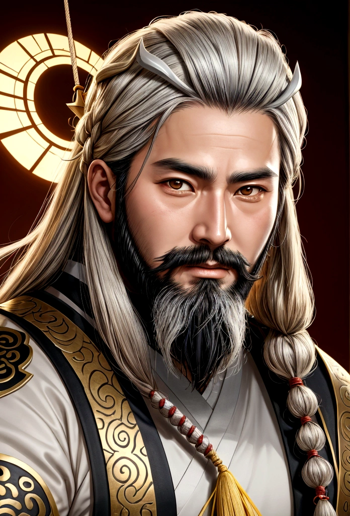 Close up of man with beard and long beard, Onmiji detailed art, Inspired by Hua Hua Bin, Onmiji portrait, Songs inspired by Huang Ding, Onmiji, Guan Yu, Vian Lian, 조즈바이inspired by, Astrilone, yellow heart(Huang Shen)inspired by, 리칸inspired by, heise jinyao