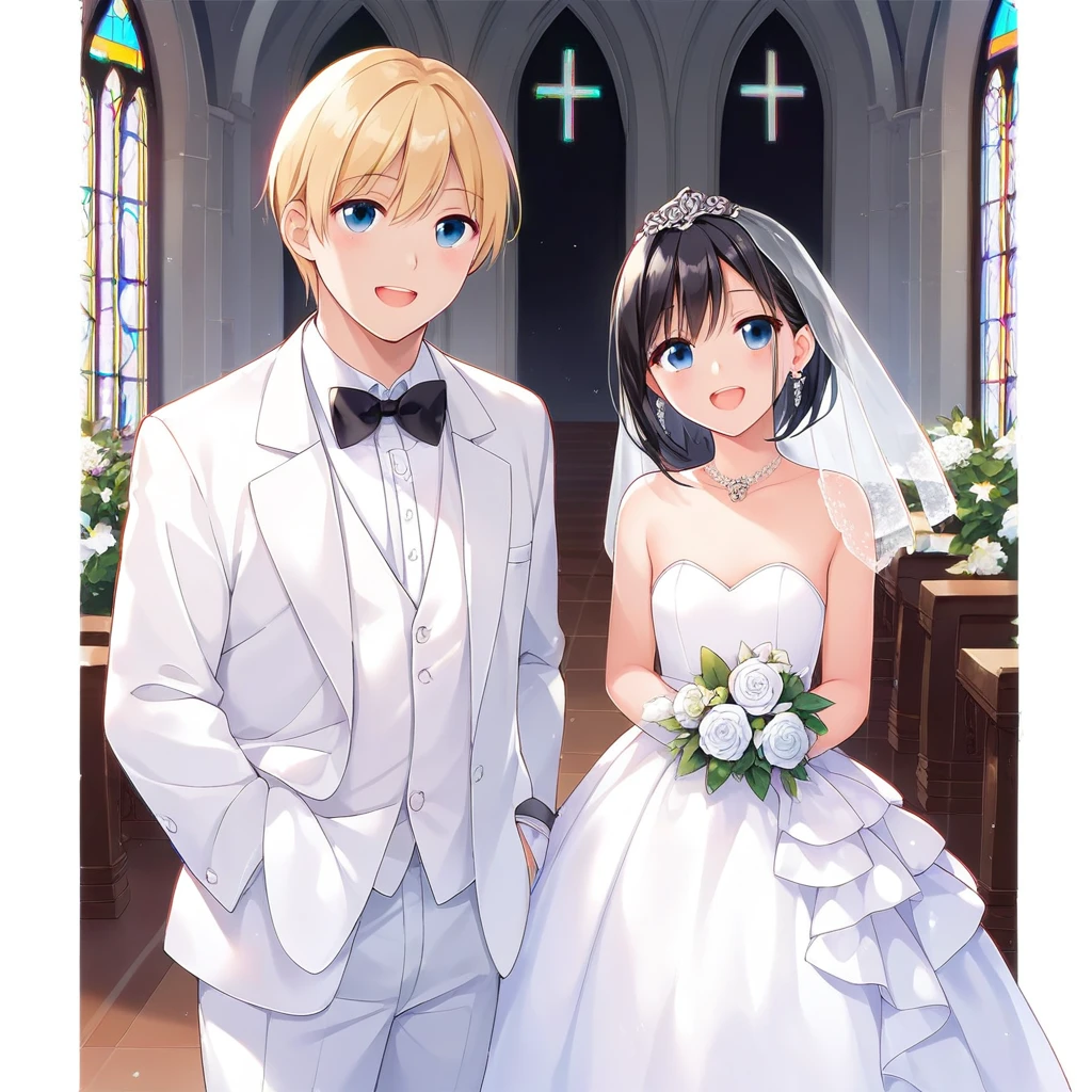 masterpiece, best quality, color, line drawing, woman, 20 years old, flat chest, long black hair, wedding dress, male student, white tuxedo, blonde short hair, 20 years old, woman crossing man's arms, standing, eyes open, mouth open, smiling, cowboy shot, front view, white background, simple background, church, wedding,