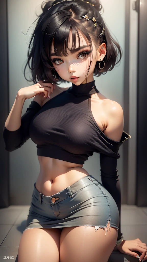 Beautiful , wearing sexy KPOP outfit, Very short miniskirt close to the body, Crop top sweatshirt, bare shoulders, showing the navel, blurred background without people, no watermark, perfect body, slim, Chibi , girl, (masterpice), ((Ultra detailed 42k)), (maximum resolution), Extra detailed flawless skin, pastel colors, white skin, short bob cut, smallest short short, wide angle, short top, very short, Whole body 