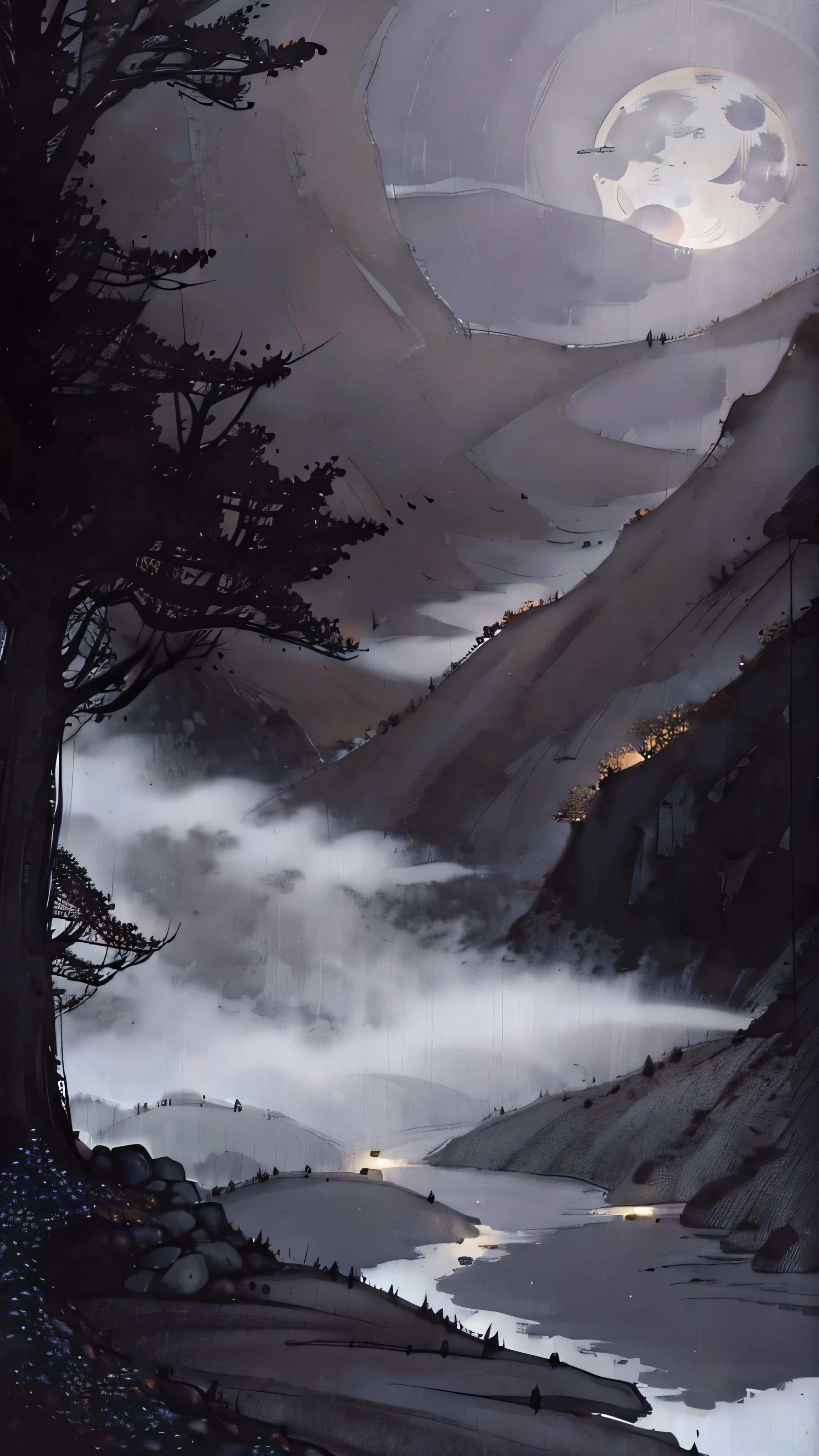 Mountain road, fall, leaf, fog, night, full moon, owl