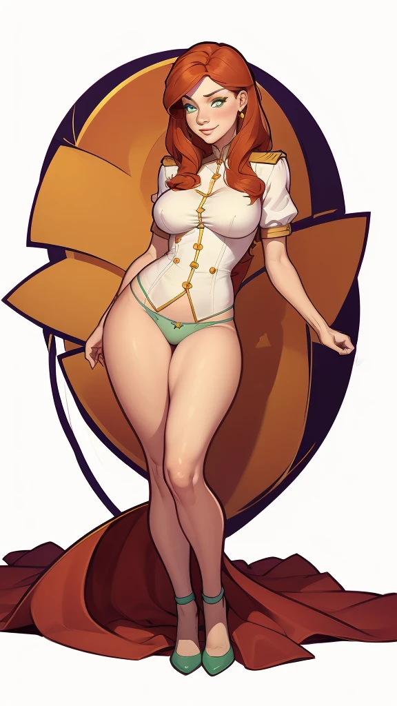 (cartoon style:1.2), Drawings of (Ginevra Molly Weasley), ssmile, perfect green eyes, face detailed, White background, fun pose, seducing gaze,Full body wearing the Sanserina uniform, beautiful medium breasts and wonderful body cartoon style digital illustration. wearing panties