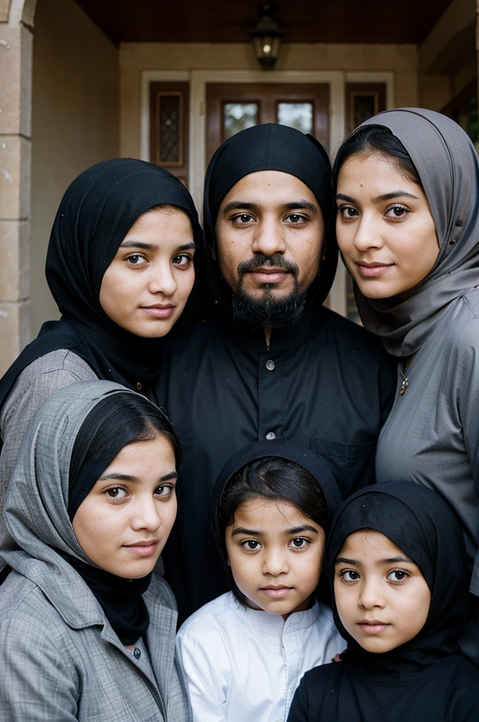 Picture of 4 people Picture of a Muslim family photo of father and mother with 2 daughters aged 8  and son 3 years