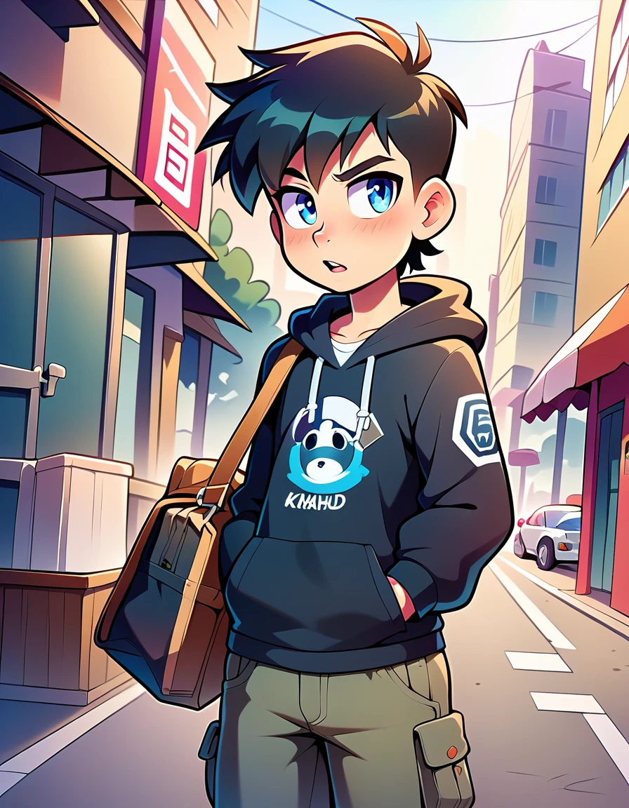 A young man in an oversized black hoodie and black cargo pants., Standing in the city. The hoodie is very loose with long sleeves that extend beyond the hands.. Cargo pants are black., In a bag, and has a large bag. He has black hair, Medium-length hair that partially covers the eyes, and blue eyes. This style is reminiscent of the Toonify model from Pony Diffusion., Give the characters a cartoonish look with soft lines and bright colors.