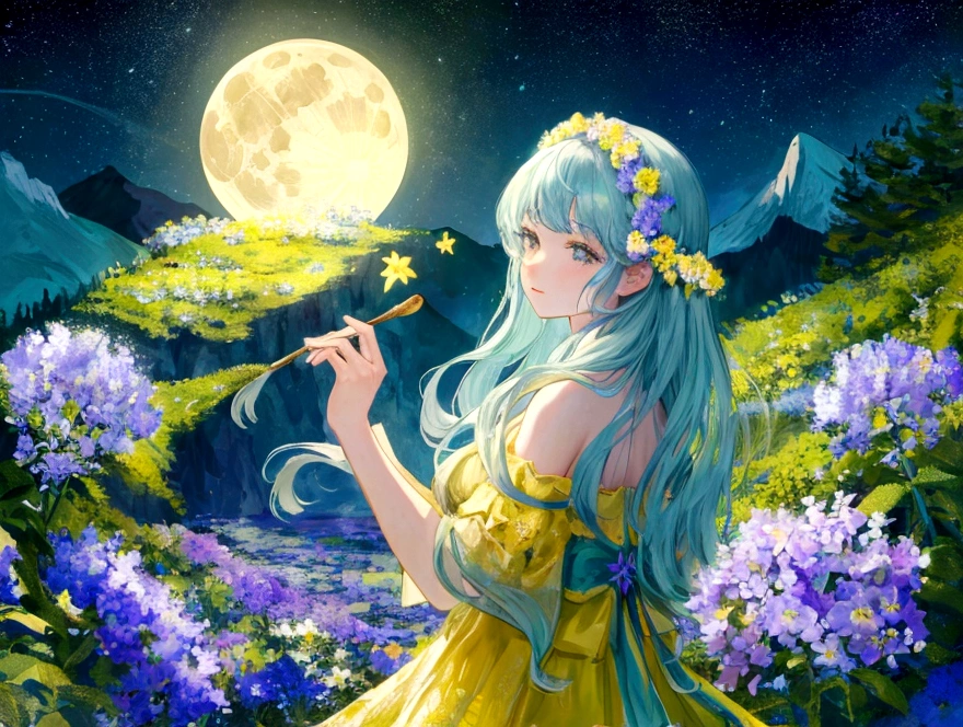 Mountain, forest, Starry Sky ,Yellow Full Moon, Intricate details,make flowers bloom,Sea of Flowers,Fantastic、Monet、vivid