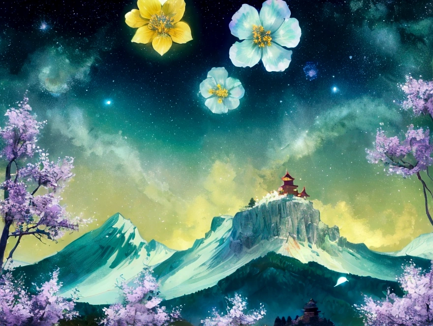 Mountain, forest, Starry Sky ,Yellow Full Moon, Intricate details,make flowers bloom,Sea of Flowers,Fantastic、Monet、vivid