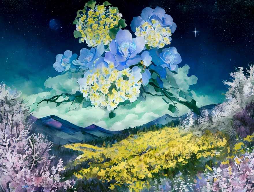 Mountain, forest, Starry Sky ,Yellow Full Moon, Intricate details,make flowers bloom,Sea of Flowers,Fantastic、Monet、vivid