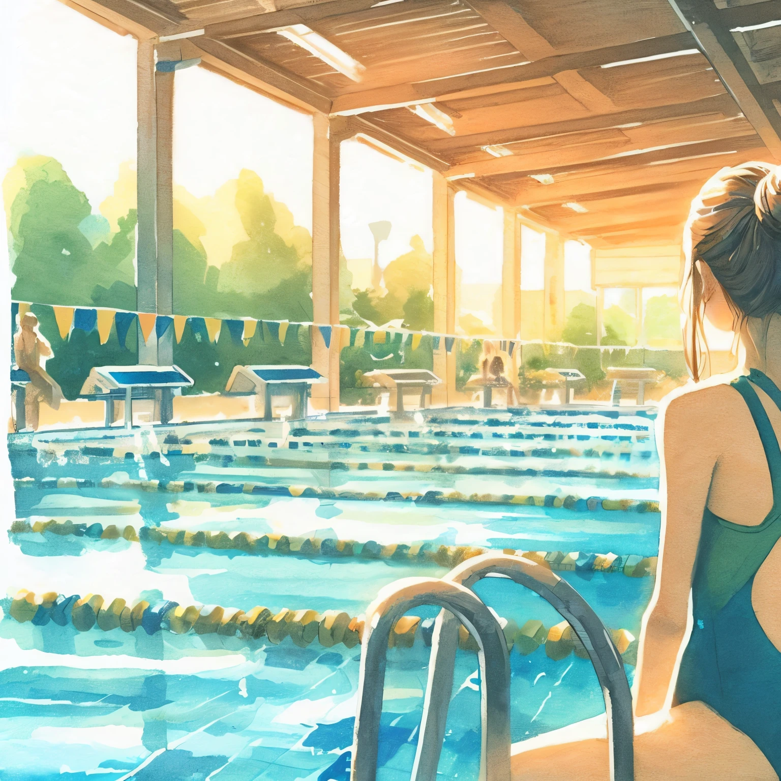 Painting of a woman sitting on the edge of a pool, In the pool, ( ( makoto shinkai ) ), makoto shinkai. —h 2160, Studio Greeble Makoto Shinkai, Makoto Shinkai's Style, reflection. by Makoto Shinkai, Relaxing concept art, by Makoto Shinkai