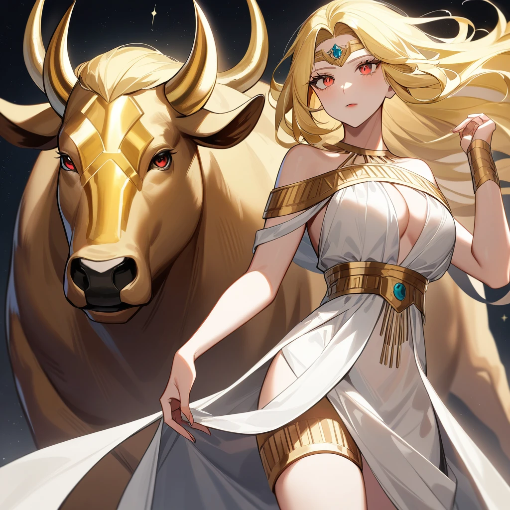 (Yellow plum、high quality、Very detailed),Constellation Taurus Goddess,Giant golden bull,Woman stroking a Taurus,Similar to the goodness of Latin,Brave,Whimsical,productivity,The face of progress and humanitarianism,Long yellow hair,Ancient Greek Costume、Wrap dress,The background is space,Crystal Red Eye(Eye details),A powerful look