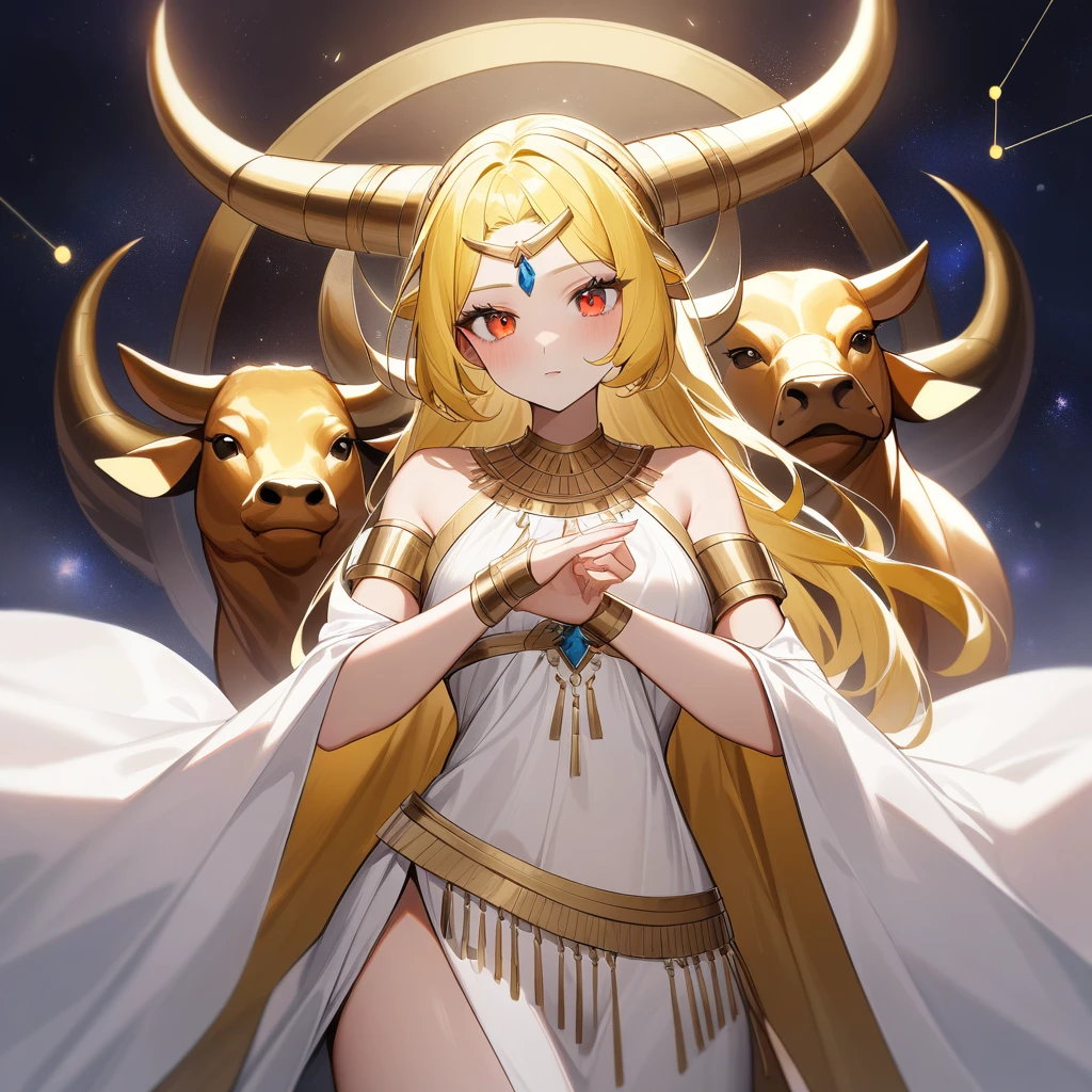 （Yellow plum、high quality、Very detailed），Constellation Taurus Goddess，Giant golden bull，Woman stroking a Taurus，Similar to the goodness of Latin，Brave，Whimsical，productivity，The face of progress and humanitarianism，Long yellow hair，Ancient Greek Costume、Wrap dress，The background is space，Crystal Red Eye（Eye details），A powerful look
