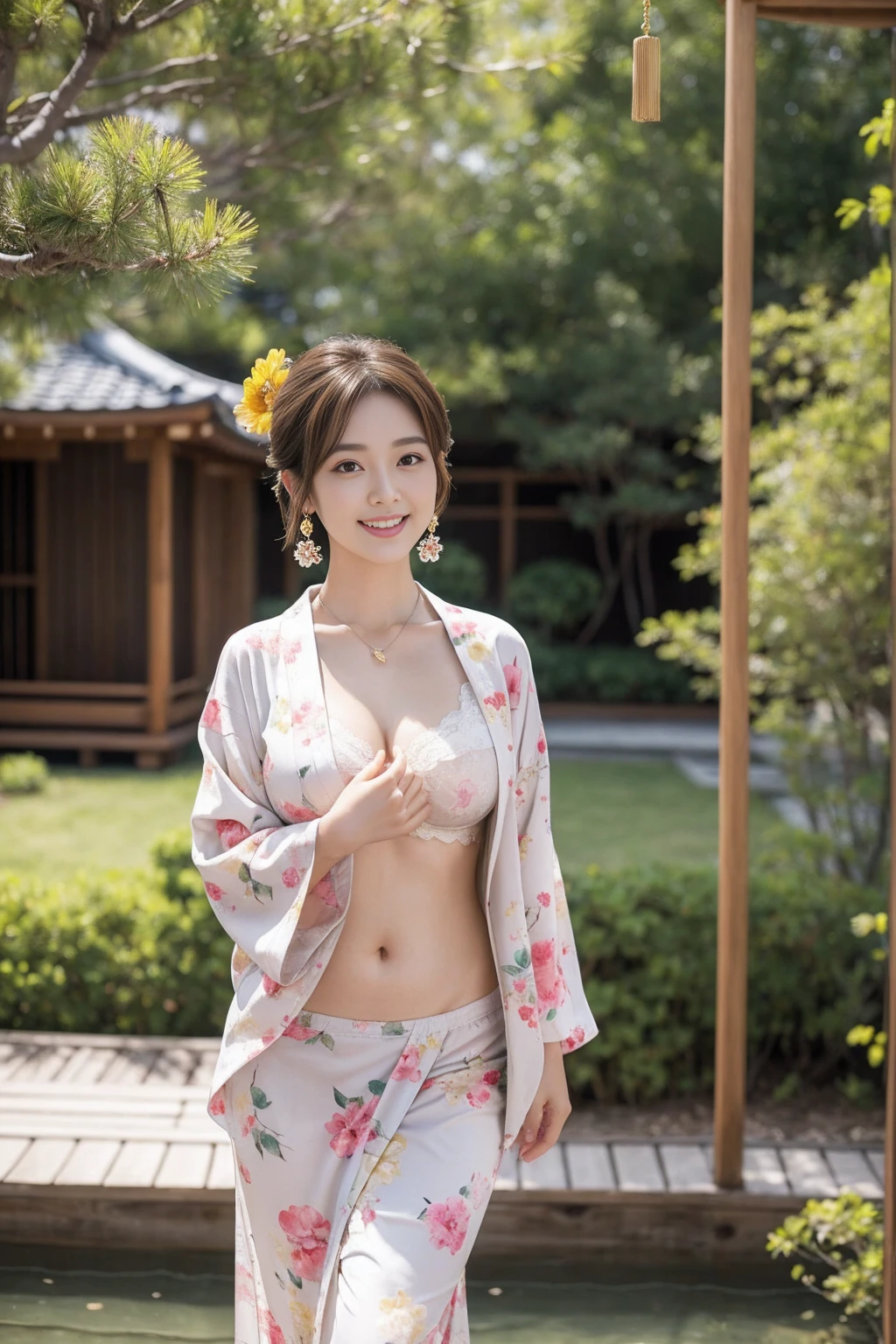 high quality,8K, Detailed facial depiction, Detailed description of the eyes,One Woman, Light brown hair(Short Hair),Beautiful Japanese Girl,24-years-old,Cute eyes,Cute Smile,Yukata beauty,The yellow floral yukata is open and very sexy.,The front of the yukata is open, revealing a sexy bra,Lace underwear,String panties,Slender body, Large, plump breast size, Long and beautiful legs,Smiling, Colorful earrings,necklace,Are standing,Beautiful nape,Japan tatami room,Feminine gestures,Dry landscape garden,wind chimes,