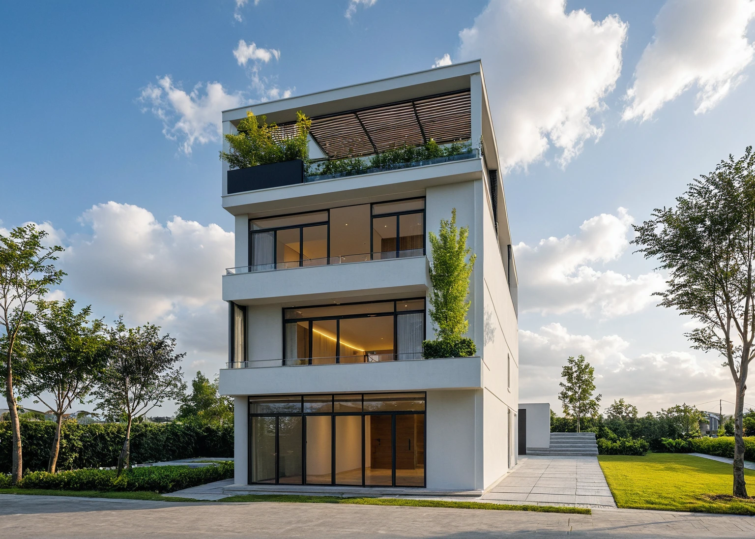 Masterpiece, high quality, best quality, authentic, super detail, outdoors, onestoreyvillaXL, aiaigroup, house style modern on the street ,stairs, white wall ,road,pavement, grass, trees, sky, cloud, (daylight:1.1)