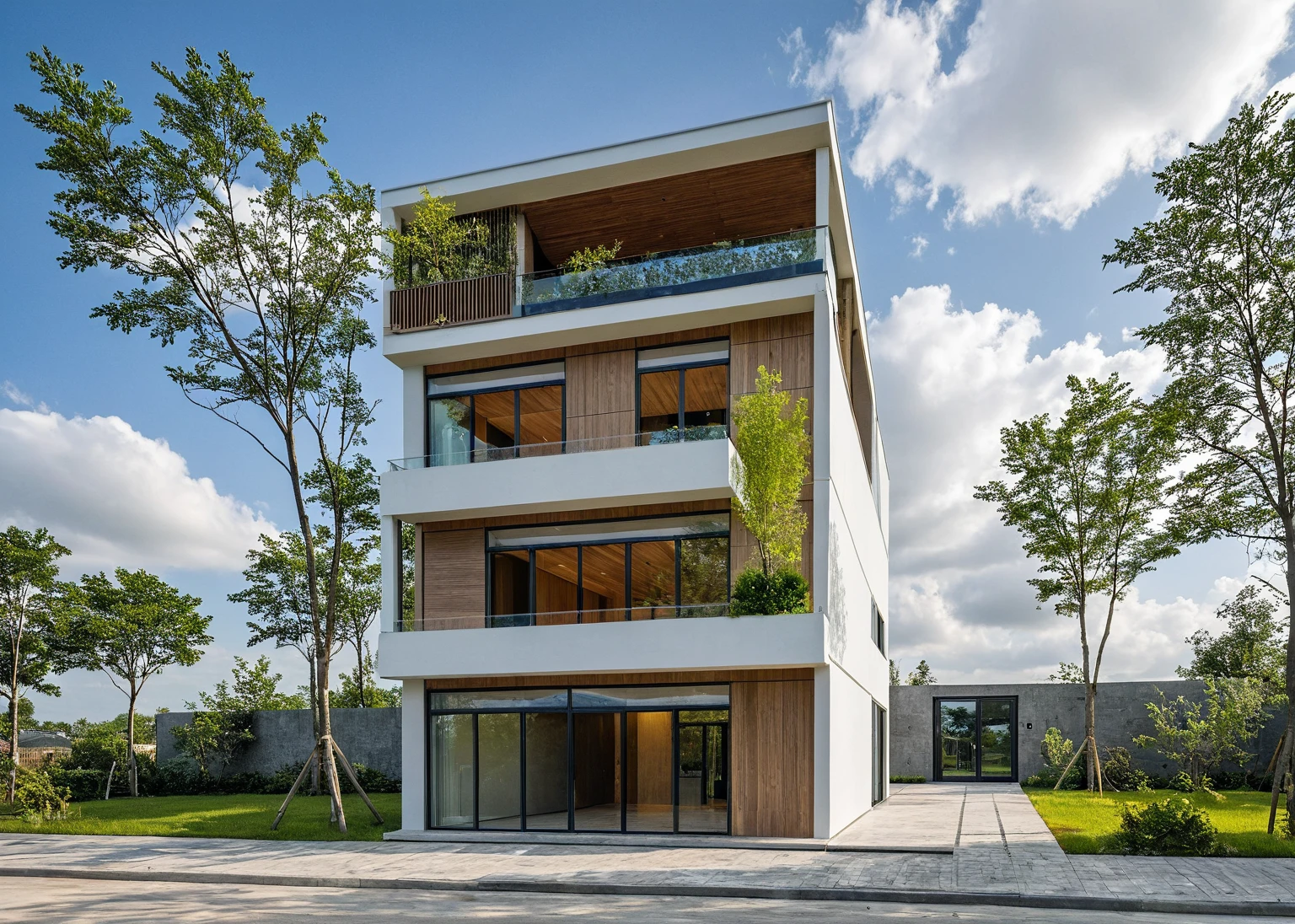 Masterpiece, high quality, best quality, authentic, super detail, outdoors, onestoreyvillaXL, aiaigroup, house style modern on the street ,stairs, white wall ,road,pavement, grass, trees, sky, cloud, (daylight:1.1)