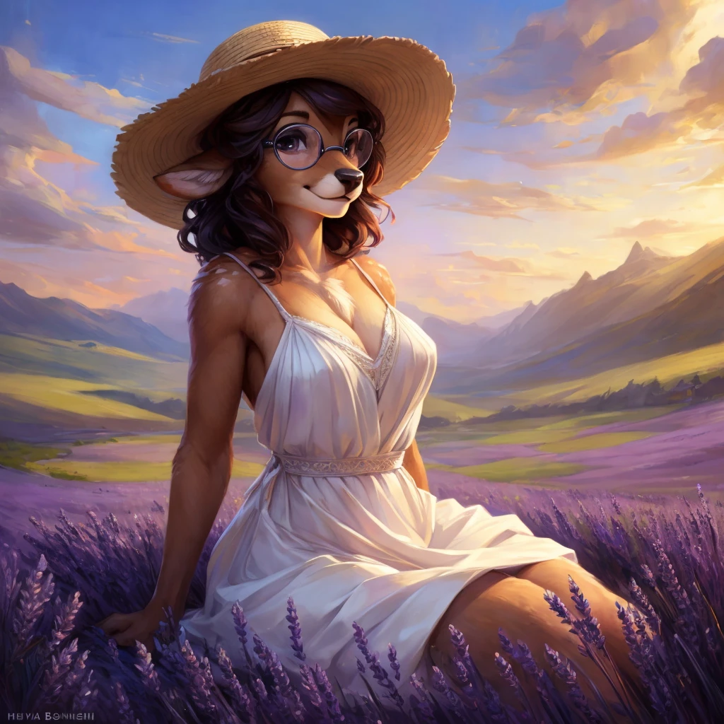 uploaded on e621, by Pixelsketcher, by Bayard Wu, by Thomas Benjamin Kennington , by Einshelm, by hioshiru and kenket, Chunie, portrait, solo anthro female deer doe, with small featureless breasts, clear dark blue, cinematic lighting, day, sunny day, lavender field, stays in a lavender field, lavender field background, mediterranean background, horizon background, shiny, short curly dark brown hair, wears big black nerd glasses, very very beautiful furry art, furry art, smiling, joyful, shiny, happy, feminine, cute face, muzzle, fluffy chest, flawless face, Fallow deer, 1girl, Sakimichan is beautiful, Masterpiece, Wavethesallow Face, shiny, Detailed image, portrait, Detailed image, portrait, full body, wears pure white spaghetti straps dress, wears big and wide beige summer straw hat, shiny, realistic face, perfect anatomy, hourglass body, (furry body:1.1), anthropomorphic deer, looks at the viewer, small fluffy tail, detailed background, (cute anatomy:1.1), stands in a lavender field