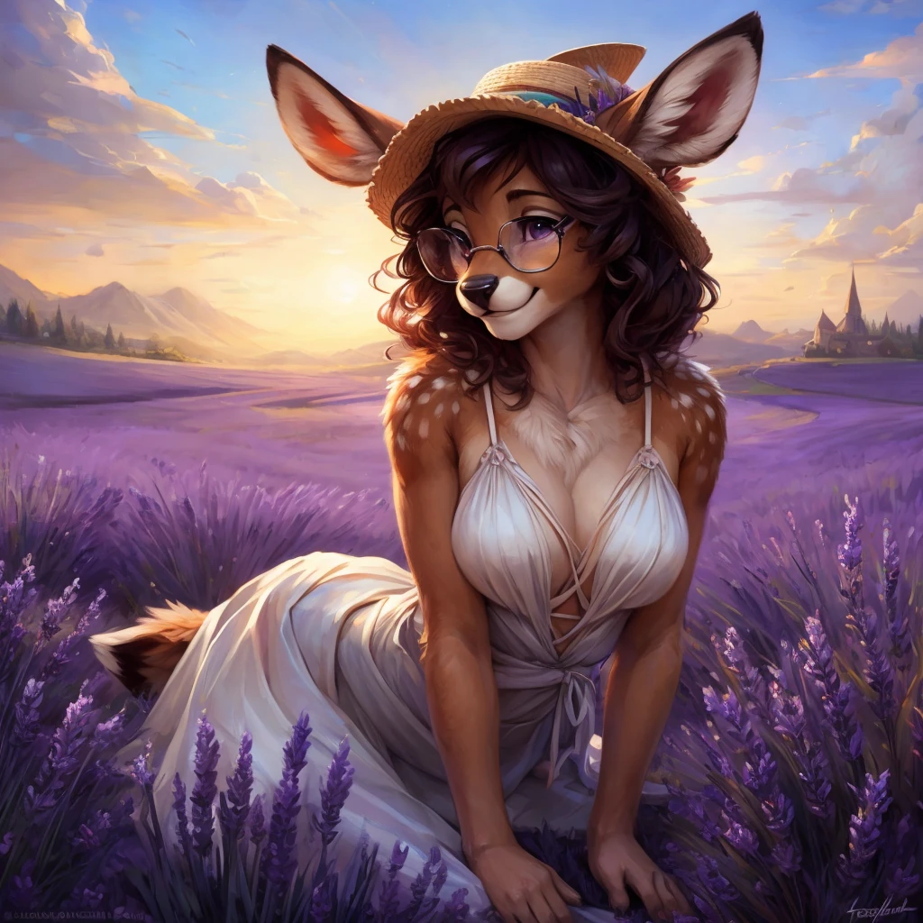 uploaded on e621, by Pixelsketcher, by Bayard Wu, by Thomas Benjamin Kennington , by Einshelm, by hioshiru and kenket, Chunie, portrait, solo anthro female deer doe, with small featureless breasts, clear dark blue, cinematic lighting, day, sunny day, lavender field, stays in a lavender field, lavender field background, mediterranean background, horizon background, shiny, short curly dark brown hair, wears big black nerd glasses, very very beautiful furry art, furry art, smiling, joyful, shiny, happy, feminine, cute face, muzzle, fluffy chest, flawless face, Fallow deer, 1girl, Sakimichan is beautiful, Masterpiece, Wavethesallow Face, shiny, Detailed image, portrait, Detailed image, portrait, full body, wears pure white spaghetti straps dress, wears big and wide beige summer straw hat, shiny, realistic face, perfect anatomy, hourglass body, (furry body:1.1), anthropomorphic deer, looks at the viewer, small fluffy tail, detailed background, (cute anatomy:1.1), stands in a lavender field
