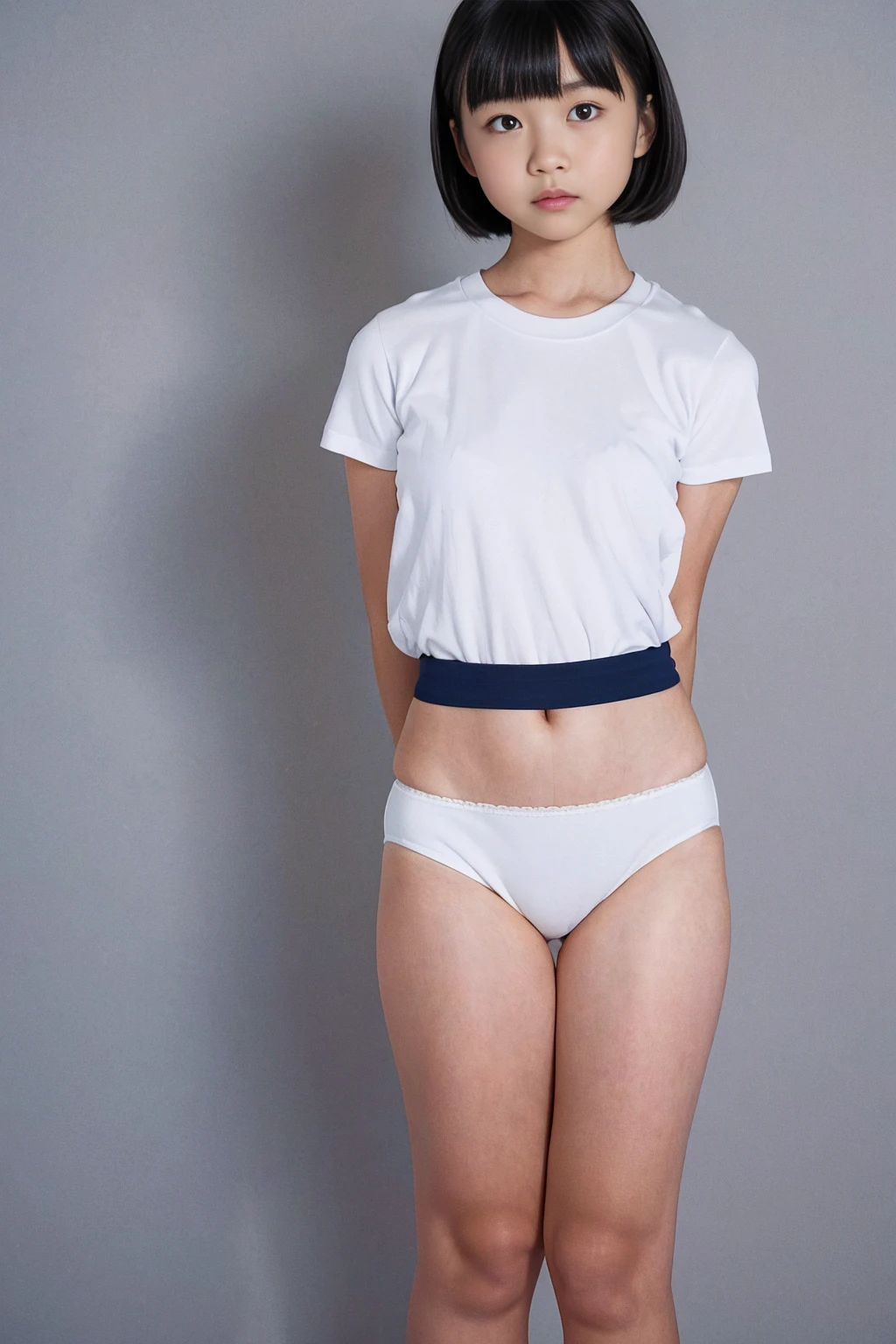 Picture taken from the front, with the left and right sides equally spaced, draw symmetrically, simple background, equally spaced left and right, stand upright, cowboy shot, (arms behind back:1.5), One girl, 18 years old, very short hair, ((white t-shirt, navy blue panties))
