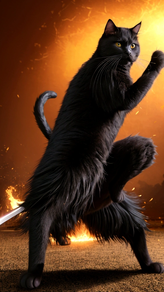 "A valiant bipedal cat samurai with deep black fur and sharp golden eyes, leading a surprise attack against a larger force of enemy cats. Set against the backdrop of the famous Battle of Okehazama, the cat is shown in mid-action, wielding a sword and rallying his troops. Ultra high definition, hyper-realistic."