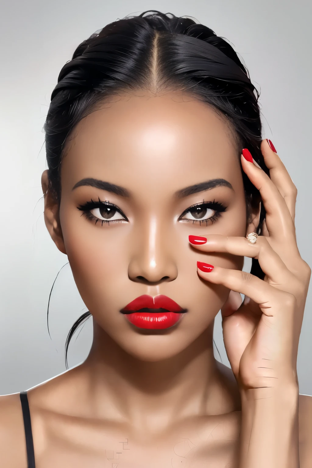 African woman with red lips and black clothes, Press your hands on your face, deep Red lips, dark Red lips, Ideal face model, Beauty Retouching, Dark lips, Sexy lips :5. Fashion, Dark lipstick, Cosmetics Activities, Red lipstick on face, focus on pursed lips, Sexy face with full makeup, Red lips