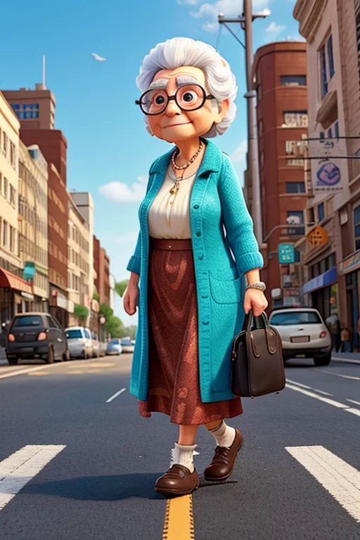 Grandma walks the road in the big city.
