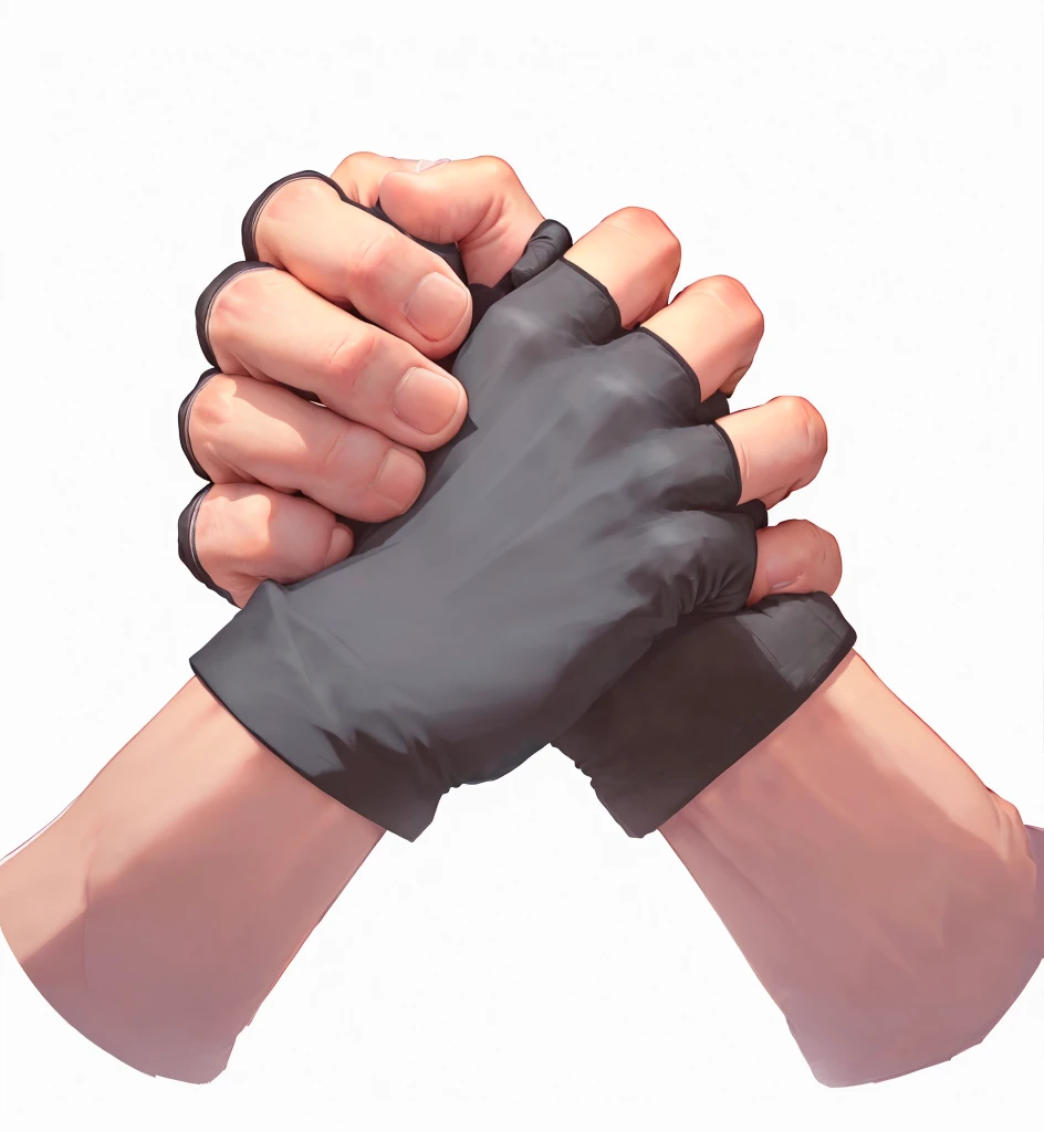 there are two hands holding each other with black Gloves, Gloves on hands, Clenched fist, wearing Gloves, Big fists, Squeeze your hands, Gloves, Heavy hand gesture style close-up, Bandage wrapped around fist, Simple Hands, Fingers crossed, prayer hands, Correction hand, Normal hand, coherent hands, Gloves, arm wrestling, Low polygon hand