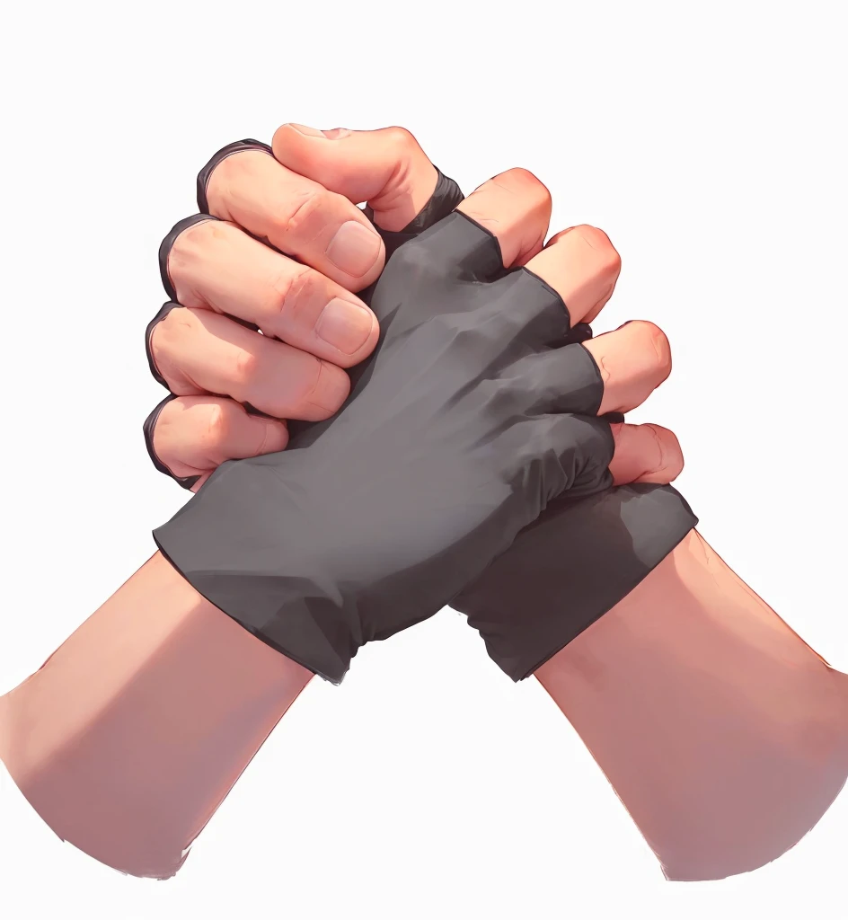 there are two hands holding each other with black Gloves, Gloves on hands, Clenched fist, wearing Gloves, Big fists, Squeeze your hands, Gloves, Heavy hand gesture style close-up, Bandage wrapped around fist, Simple Hands, Fingers crossed, prayer hands, Correction hand, Normal hand, coherent hands, Gloves, arm wrestling, Low polygon hand