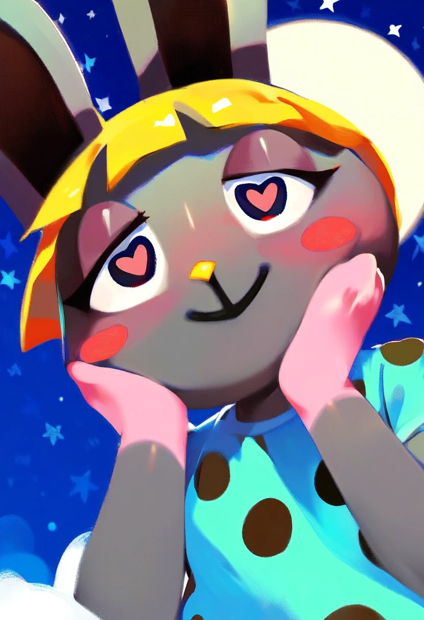zPDXL, score_9_up, score_8_up, score_7_up, best quality, source_anime, (blue background, night, clouds, stars, full moon:1.2), BREAK 1girl, solo, bonbon_(\animal_crossing), rabbit, lagomorph, anthro, yellow hair, grey fur, black eyes, aqua shirt, polka dot shirt, no sleeves, paws, (hearts, heart eyes, narrowed eyes, looking at viewer:1.3), smile, , (red face, blush:1.3), hands on face, looking at viewer, portrait,