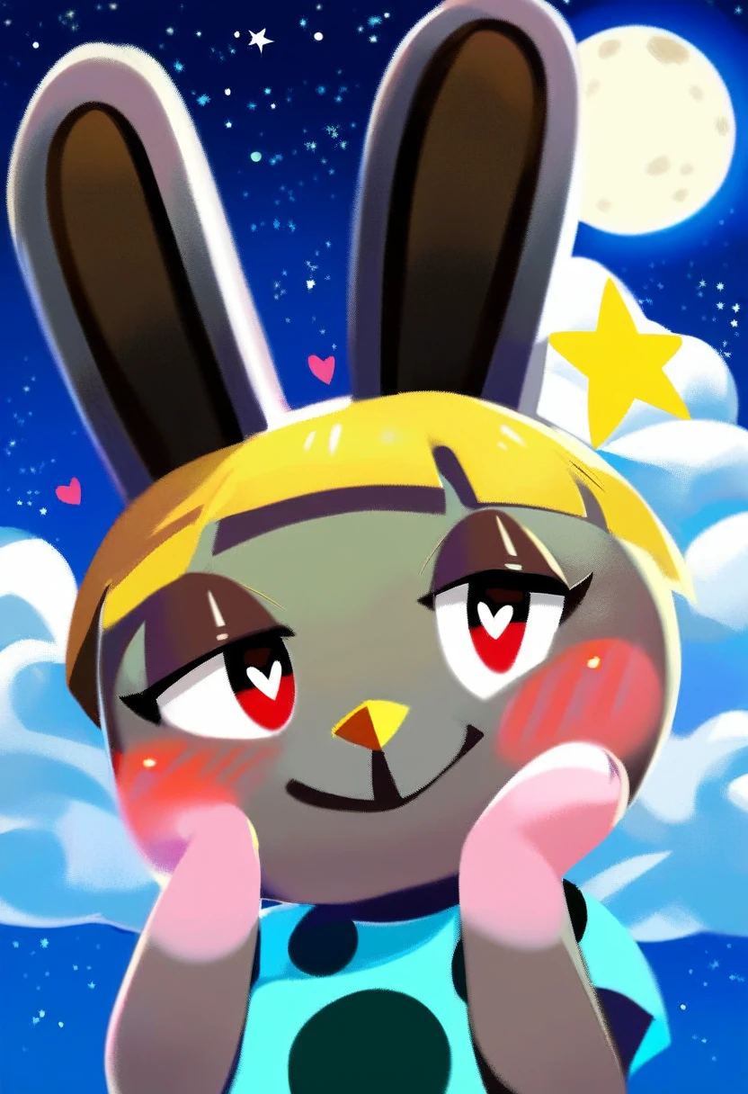 zPDXL, score_9_up, score_8_up, score_7_up, best quality, source_anime, (blue background, night, clouds, stars, full moon:1.2), BREAK 1girl, solo, bonbon_(\animal_crossing), rabbit, lagomorph, anthro, yellow hair, grey fur, black eyes, aqua shirt, polka dot shirt, no sleeves, paws, (hearts, heart eyes, narrowed eyes, looking at viewer:1.3), smile, , (red face, blush:1.3), hands on face, looking at viewer, portrait, 