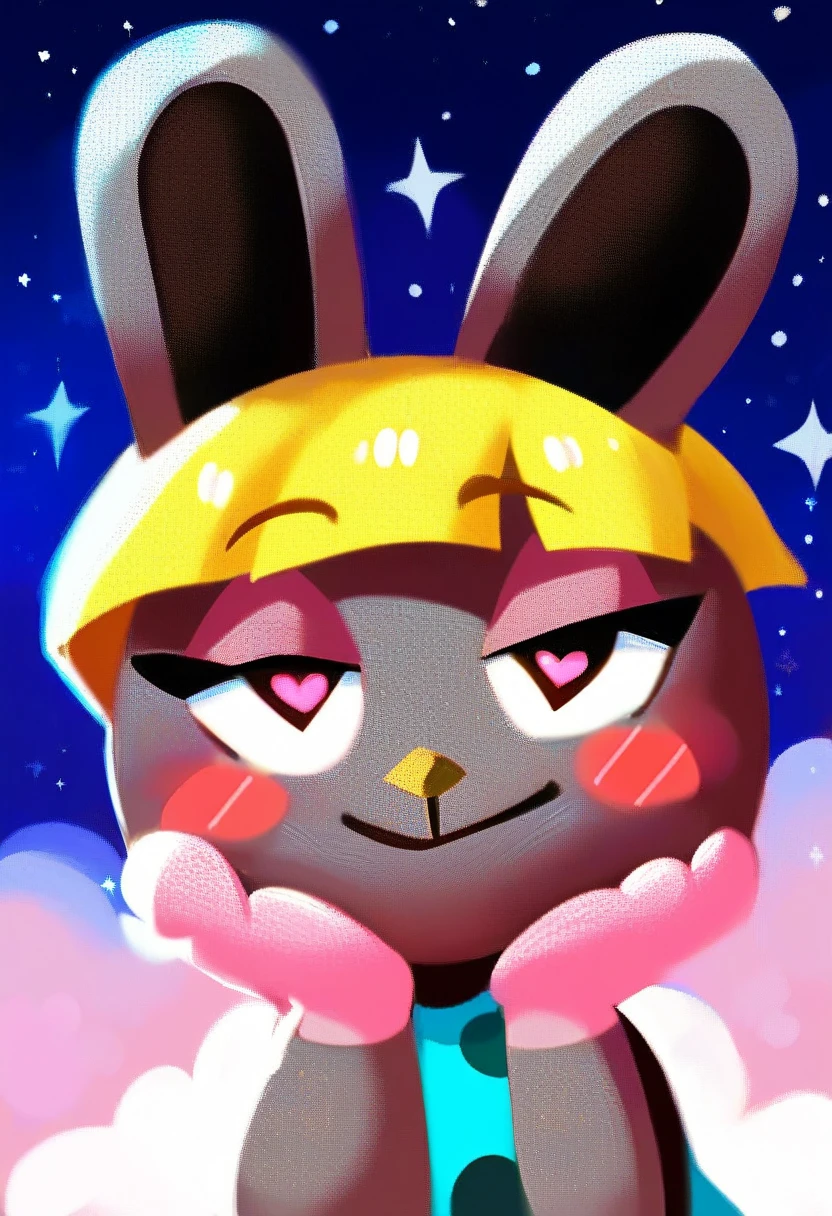 zPDXL, score_9_up, score_8_up, score_7_up, best quality, source_anime, (blue background, night, clouds, stars, full moon:1.2), BREAK 1girl, solo, bonbon_(\animal_crossing), rabbit, lagomorph, anthro, yellow hair, grey fur, black eyes, aqua shirt, polka dot shirt, no sleeves, paws, (hearts, heart eyes, narrowed eyes, looking at viewer:1.3), smile, , (red face, blush:1.3), hands on face, looking at viewer, portrait, 